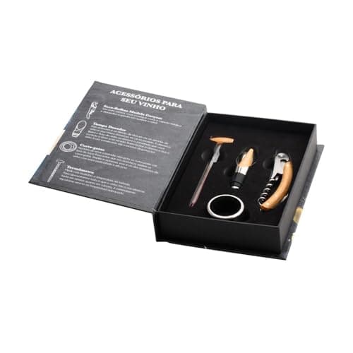WOLFF - Conjunto 4 Peças em Aço Inox, para vinho, com Detalhes em Madeira e Caixa Exclusiva - Inclui Saca-Rolha, Aerador, Termômetro e Corta-Gotas