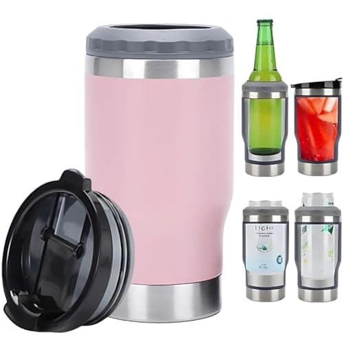 Caneca Porta Latas e Isolador 4 em 1 para Lata Fina e Padrão de 355ml e Long Neck de Cerveja. Copo Térmico de Aço Inoxidável Isolado a Vácuo e Termocooler (Rosa)
