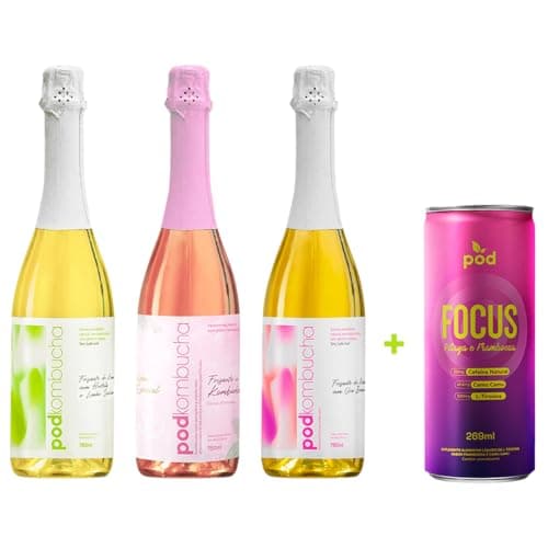 Kit 3 Kombucha Pod 750ml Cereja, Limão e Uva Branca + Focus Pod