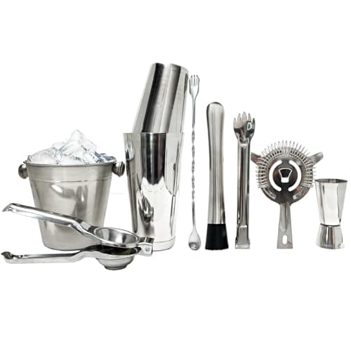 Kit Profissional para Bartender, 820ml, 8 Peças, Coqueteleira em Aço Inox, Balde de Gelo, Coador, Pinça, Medidor