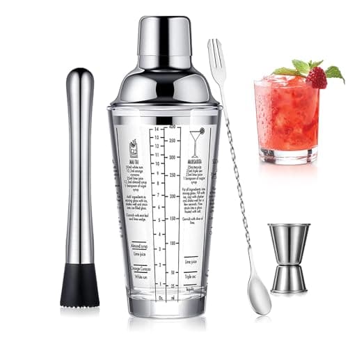 Glass Cocktail Shaker Stainless Steel Leak-Proof Lid Boston Shaker Martini Shaker Beginner Bartender Kit with Jigger 14oz Mixed Drink Shaker with Measurements Ice Shaker Mixing Glass Bar Tools