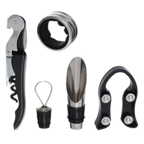 Kit Abridor de Vinho 5 Peças Inox Saca-Rolhas, Cortador de Lacre, Bico Dosador, Anel Salva Gotas