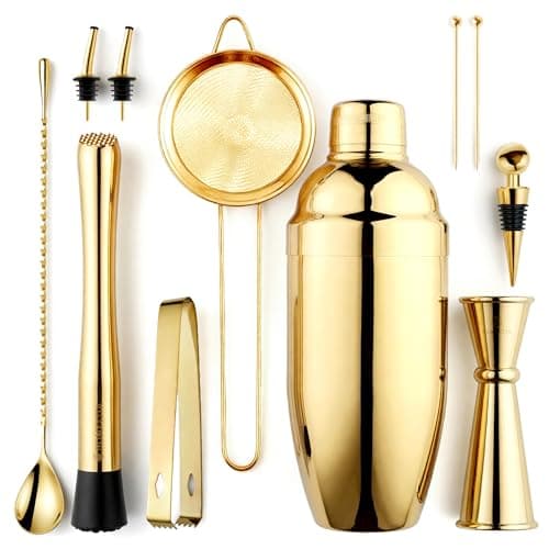 Homestia Conjunto de coqueteleiras douradas de 11 peças, kit de barman ponderado premium com coador, jigger, muddler e ferramentas - Conjunto de presente de utensílios de bar de luxo com livreto de