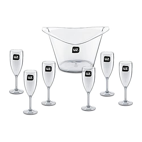 Uz Utilidades, Uz221Tr, Kit Champanheira Grande Balde De Gelo 8L Conjunto 6 Taças Champagne Plástico, UZ