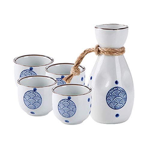Sizikato Conjunto de 5 peças de saquê de porcelana azul e branco inclui 1 garrafa de saquê e 4 peças de copos de saquê