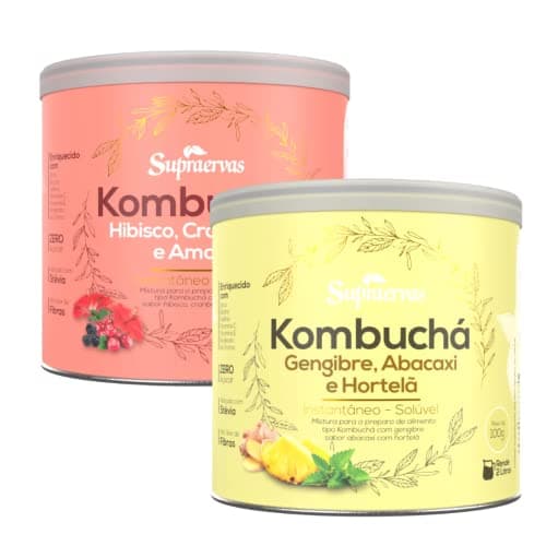 Kombucha Sabor Gengibre Abacaxi e Hortela + Hibisco Cramberry e Amora 200gr 1 Lata de Cada