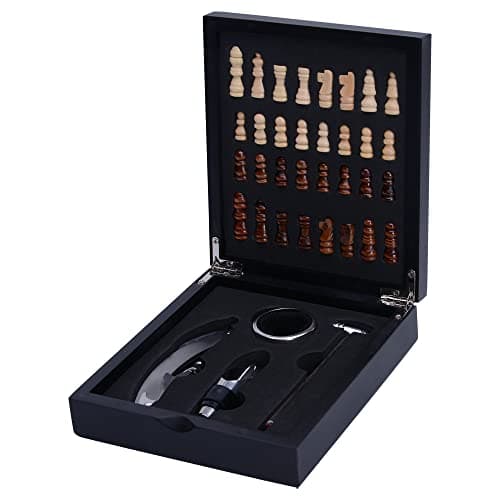 Mimo Style Jogo Para Vinho Com 4 Pçs e Estojo de Madeira, Inclui Saca-Rolhas, Anel Salva Gotas, Termômetro e Bico Dosador, Produzidos em Inox. Caixa Tabuleiro de Xadrez com Todas As Peças