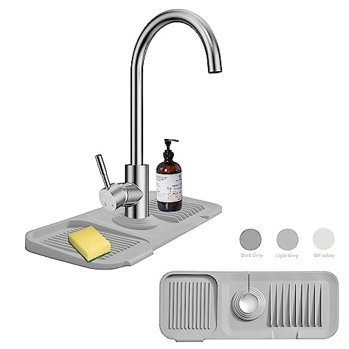 MOODKEY Protetor De Respingos Para Pia Cozinha, Suporte Esponja Torneira Silicone, Bandeja Coletora Gotas, Tapete Tubo 6,35 Cm (Cinza Claro, 37,7 Cm)
