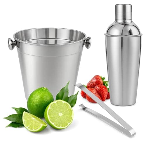 Kit Bar Drinks em Aço Inox, 3 Peças, Coqueteleira e Balde de Gelo com Pegador