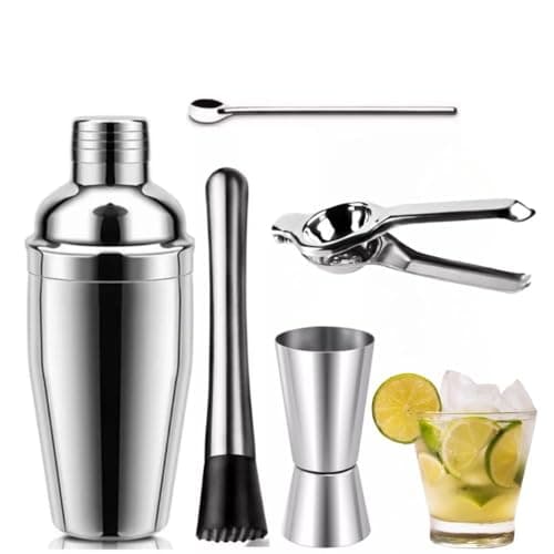 Kit Caipirinha Profissional, 750ml, Kit Coqueteleira 5 Peças em Aço Inox, Shaker com Medidor e Acessórios para Bar