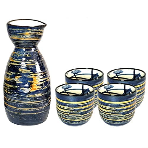 Conjunto de 5 peças de saquê japonês de 200 ml, conjunto de copos de saquê de 50 ml, design tradicional pintado à mão, porcelana, cerâmica, soju, copos de saquê (sábio azul)