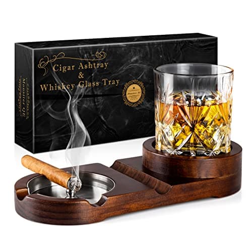 Monsiter QE Cinzeiros de charuto, bandeja de vidro de uísque e suporte de charutos para ambientes internos e externos, cinzeiro de madeira destacável para cigarros, acessórios de decoração para charutos de escritório doméstico para homens