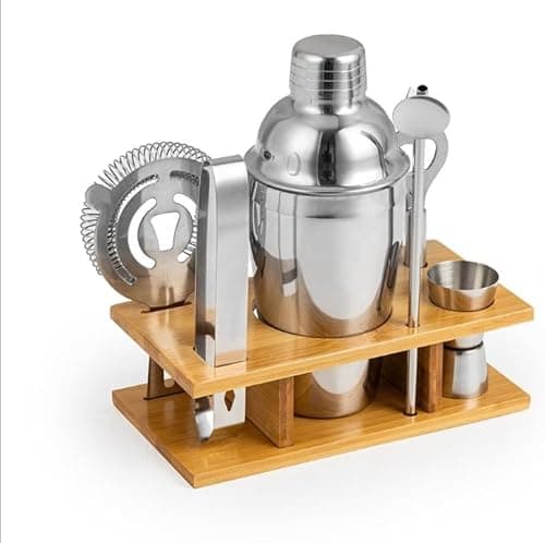 Kit Coqueteleira Profissional 9 Peças em Aço Inoxidável com Suporte de Bambu – Conjunto Bartender Completo para Drinks e Coquetéis