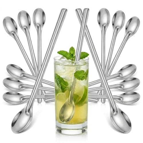 Conjunto de 12 Colheres Bailarina Inox para Drinks e Sucos, 20cm, Longas para Coquetel, Caipirinha, Mojito e Gin Tônica, Mexedor de Bebidas e Copo Alto