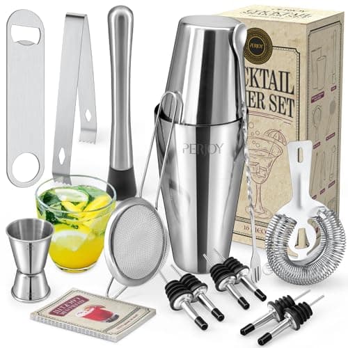 Perjoy Conjunto de coqueteleira, kit de bar de 16 peças, coqueteleira, acessórios de conjunto de barras de aço inoxidável, conjunto de coktail, Boston Shaker, ferramentas de bar de bar com colher de muddler